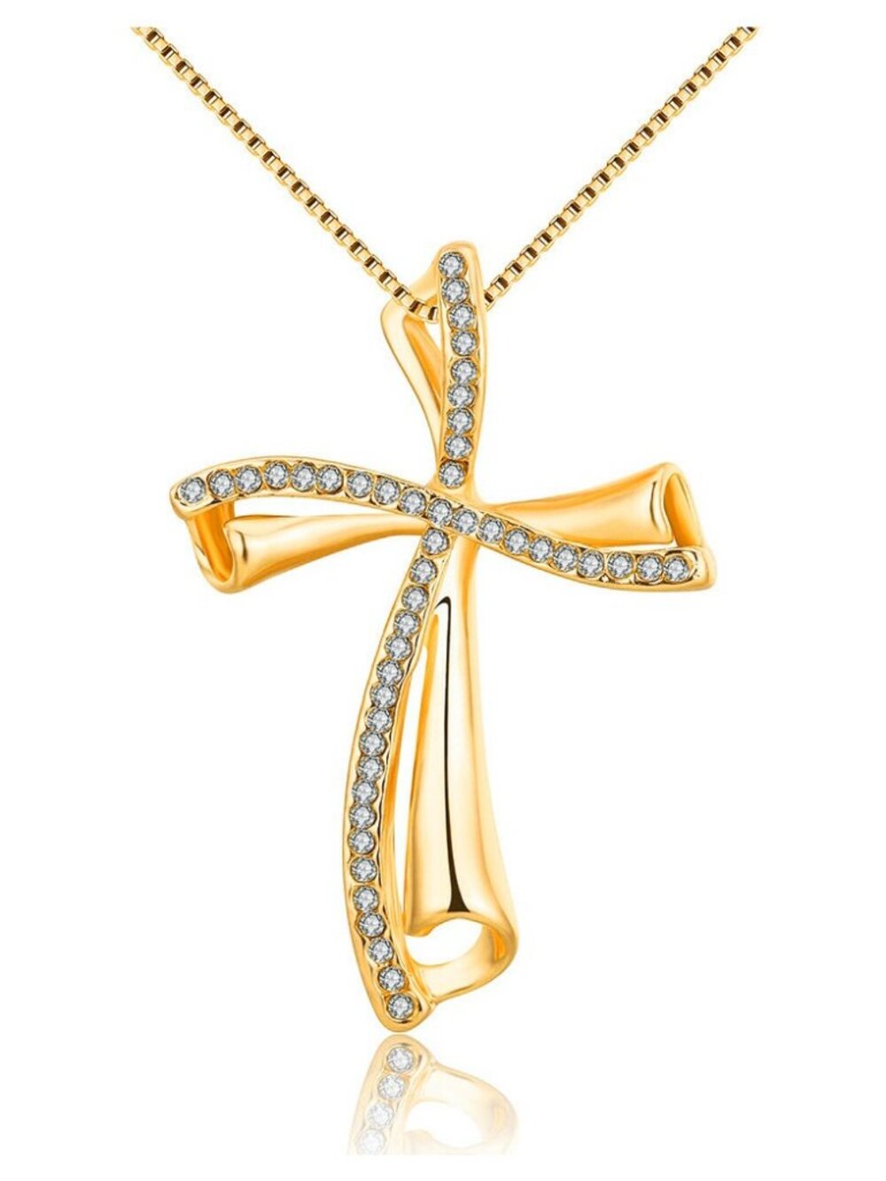 Gold Cubic Zirconia Swirl Cross Large Sparkly Religious Necklace